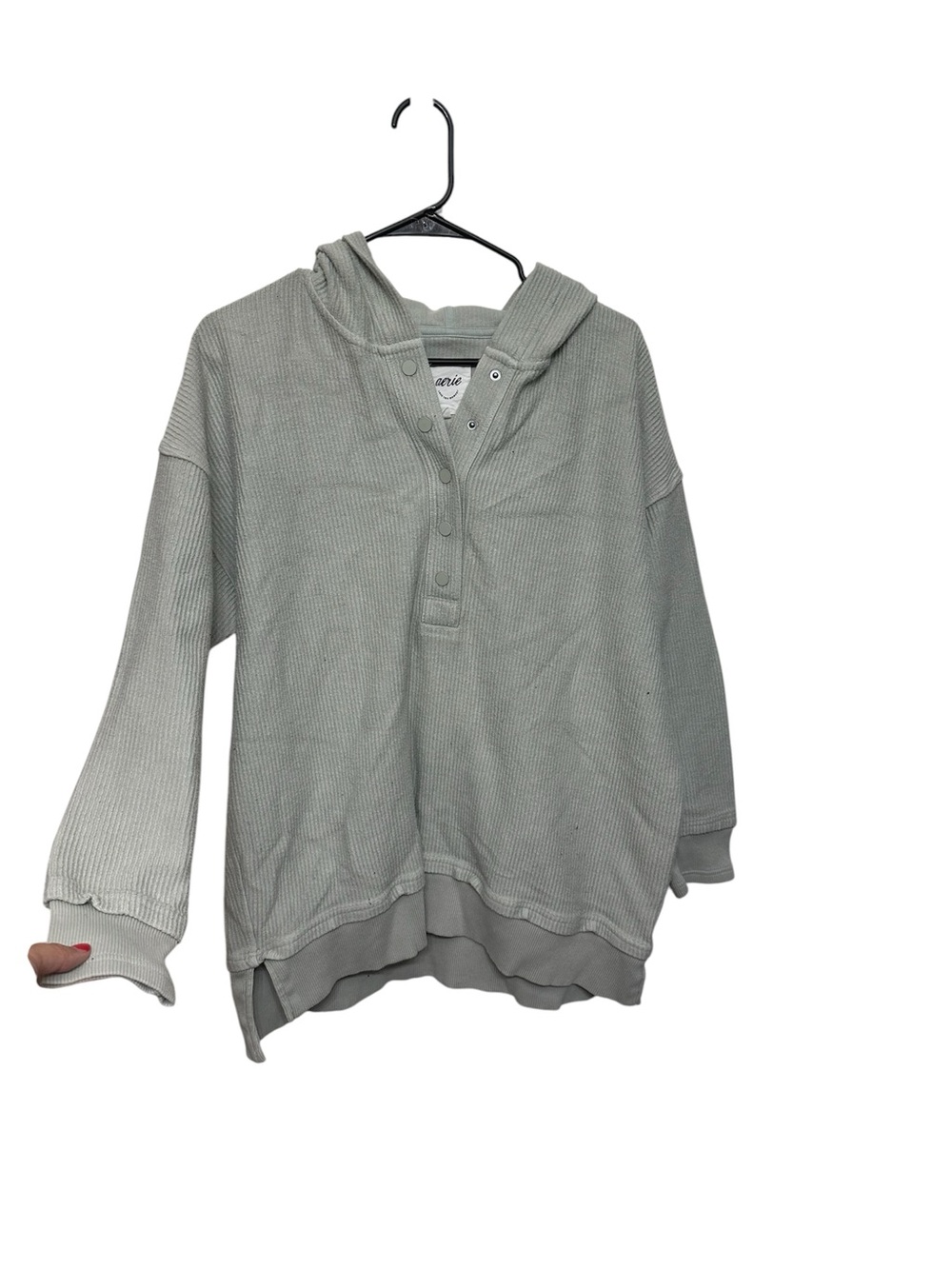 Aerie Oversized XS Waffle-Knit Hooded Henley Sweater in Light Sage